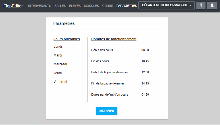 Animation modification paramètres
